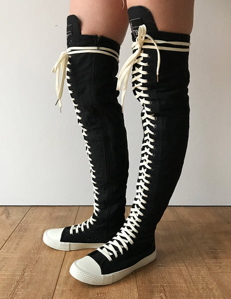 RTBU Ivory Frosting 35 Hole Punk Thigh Hi Black Canvas Lace Up Sneaker Boot