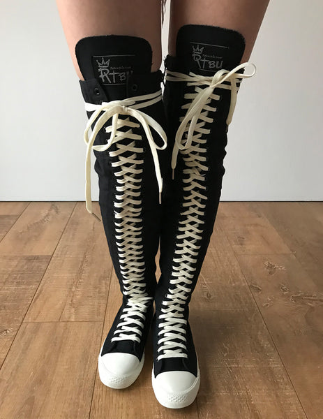 RTBU Ivory Frosting 35 Hole Punk Thigh Hi Black Canvas Lace Up Sneaker Boot