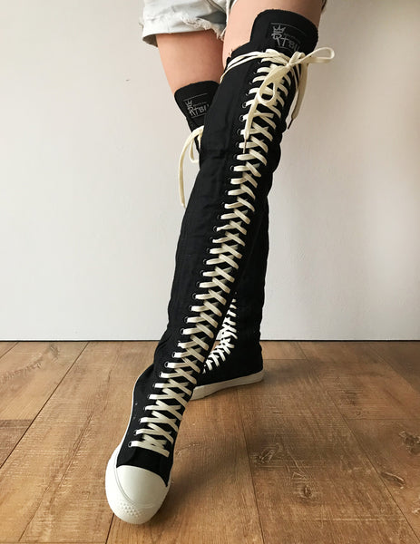 RTBU Ivory Frosting 35 Hole Punk Thigh Hi Black Canvas Lace Up Sneaker Boot