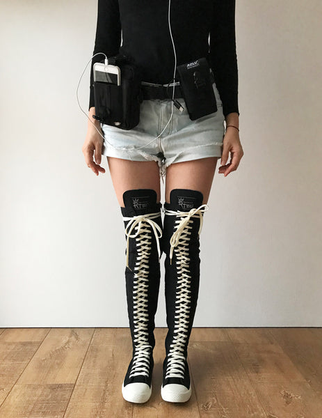 RTBU Ivory Frosting 35 Hole Punk Thigh Hi Black Canvas Lace Up Sneaker Boot
