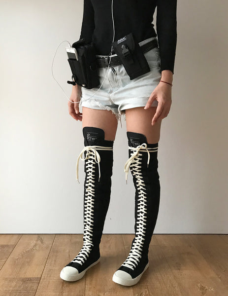 RTBU Ivory Frosting 35 Hole Punk Thigh Hi Black Canvas Lace Up Sneaker Boot