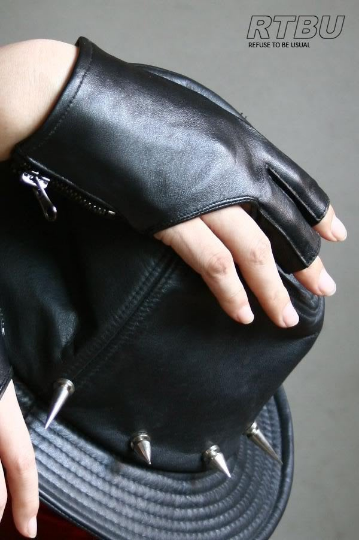 Genuine Leather Lambskin Sheepskin Punk Rocker Biker Dancer Fingerless Zip Glove (for 18cm palm)