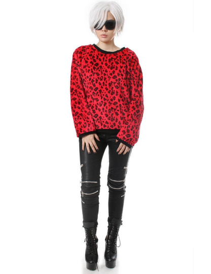 RTBU Punk Rock Red Leopard Anima Vegan Faux Fur Velvet Furry  Pullover Sweatshirt