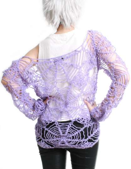 RTBU Gothic Kawaii Cutie Punk Cobweb Spider Web Net Acrylic Mohair Knitted Crochet Sweater Slouchy Off Shoulder Pastel Purple