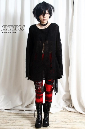Punk Rock Ripped Broken Ladder Hole Acrylic Mohair Like Sweater Knit Pullover Unisex Oversized Jumper Black One Piece Dress