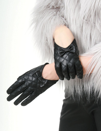 Genuine Lamb Quilted Leather Formal Bow Tie Knot Party Lady Glove (Scoop or Full Wrist)
