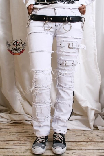 PUNK EMO Distressed Buckle Stretch Cigarette JEAN White