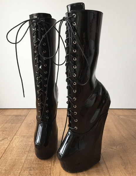 MYLI II (More Eyelets) Heavy Hoof Sole Heelless Mid-Calf Boots Black Patent
