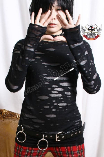 RTBU Gothic Punk Rocker Distressed Broken Mummy Corroded Raggedy Sheer Thumb Hole Mitten Shirt Top Unisex