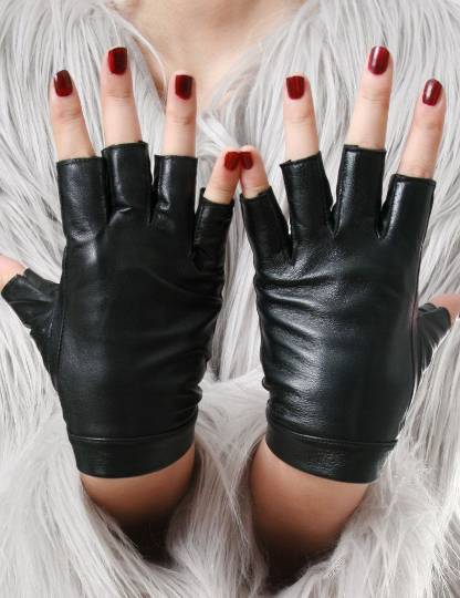 Genuine Leather Lambskin Sheepskin Punk Rocker Biker Dancer Half Fingers Wrist Snap Button Glove