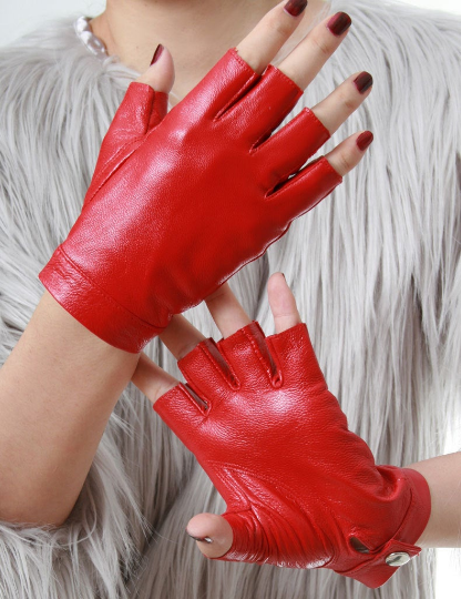 Genuine Leather Lambskin Sheepskin Punk Rocker Biker Dancer Half Finger Snap Button Red