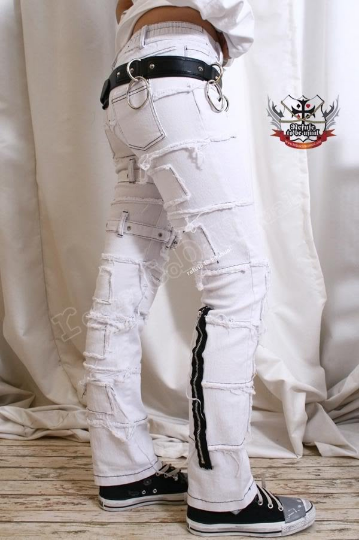 PUNK EMO Distressed Buckle Stretch Cigarette JEAN White