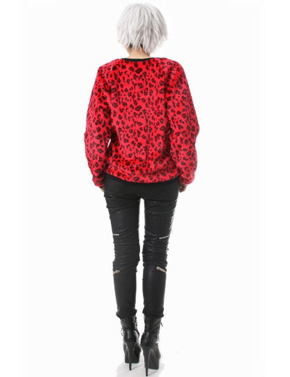 RTBU Punk Rock Red Leopard Anima Vegan Faux Fur Velvet Furry  Pullover Sweatshirt