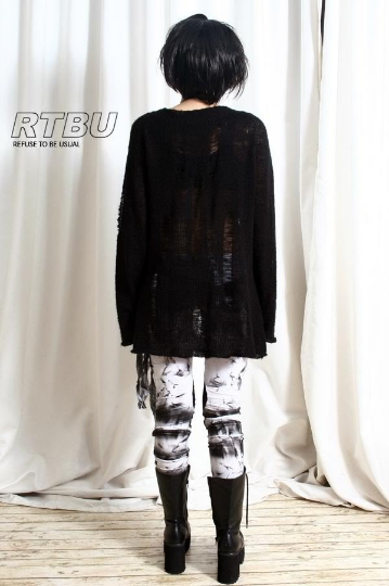 Punk Rock Ripped Broken Ladder Hole Acrylic Mohair Like Sweater Knit Pullover Unisex Oversized Jumper Black One Piece Dress