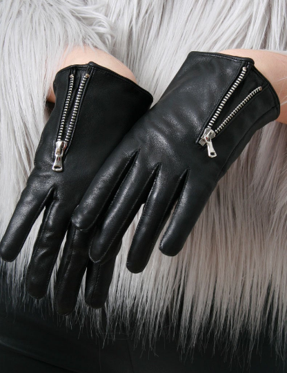 Genuine Leather Lambskin Sheepskin Punk Rocker Biker Dancer Fingers Zip Glove Lined