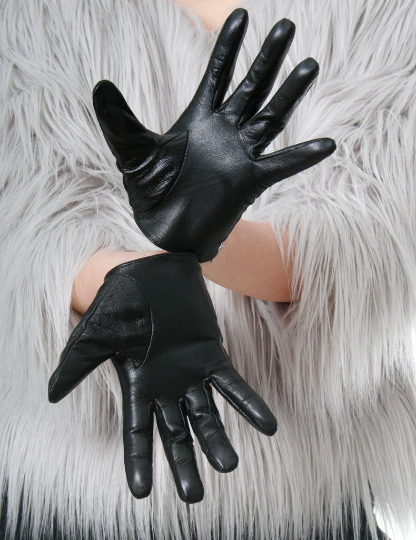 Genuine Sheepskin Leather Fashion Runway Model Scoop Wrist Gloves w/ Metal Stud Trim
