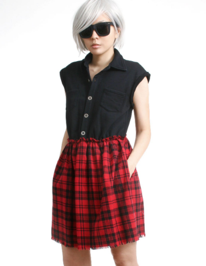 RTBU Cutie Punk Sweatshirt Red Tartan Flannel Button Sleeveless One Piece Dress