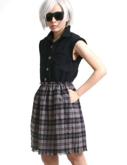 RTBU Cutie Punk Sweatshirt Gray Tartan Flannel Button Sleeveless One Piece Dress