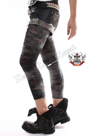 Punk Torn Distressed Broken Hole Ashy Gray Verdigris Tie Dye Mummy Legging S M L XL XXL