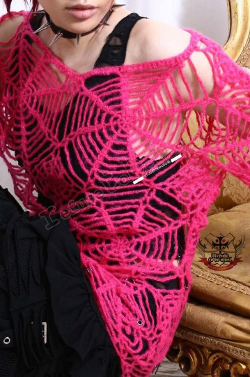 Refuse to be Usual Cyber Rave Fussy Acrylic Mohair Punk Cobweb Crochet Knit Sweater Hot Pink