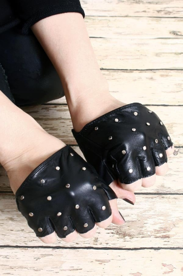 Genuine Leather Runway Punk Rocker Fingerless Sparkling Stud Biker Rider Gloves (17 to 18cm palm)