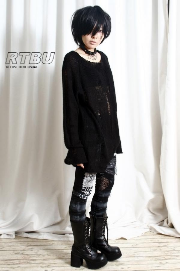 Punk Rock Ripped Broken Ladder Hole Acrylic Mohair Like Sweater Knit Pullover Unisex Oversized Jumper Black One Piece Dress