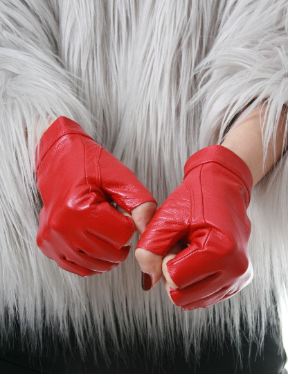 Genuine Leather Lambskin Sheepskin Punk Rocker Biker Dancer Half Finger Snap Button Red