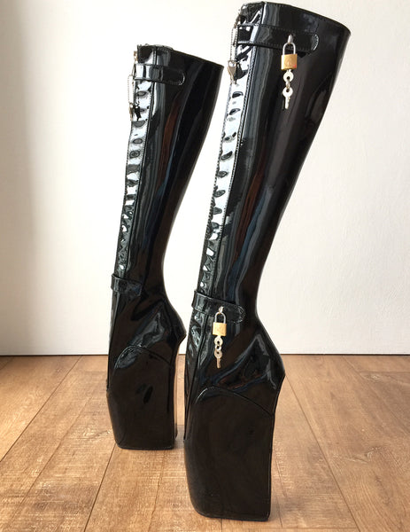 Rtbu 6 Keys Locking Zip Beginner Ballet Wedge Boots Fetish Dominatrix Black Patent