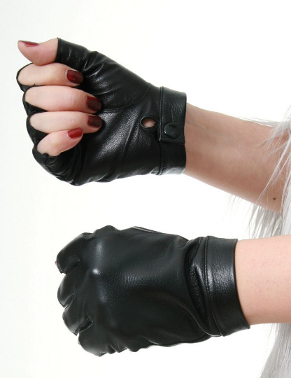 Genuine Leather Lambskin Sheepskin Punk Rocker Biker Dancer Half Fingers Wrist Snap Button Glove