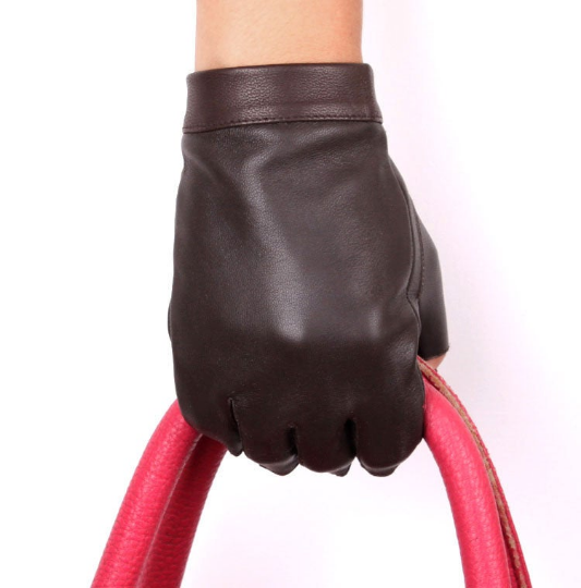 Genuine Leather Lambskin Sheepskin Punk Rocker Biker Dancer Half Fingers Wrist Snap Button Glove