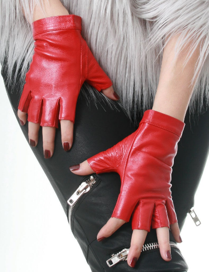 Genuine Leather Lambskin Sheepskin Punk Rocker Biker Dancer Half Fingers Wrist Snap Button Glove