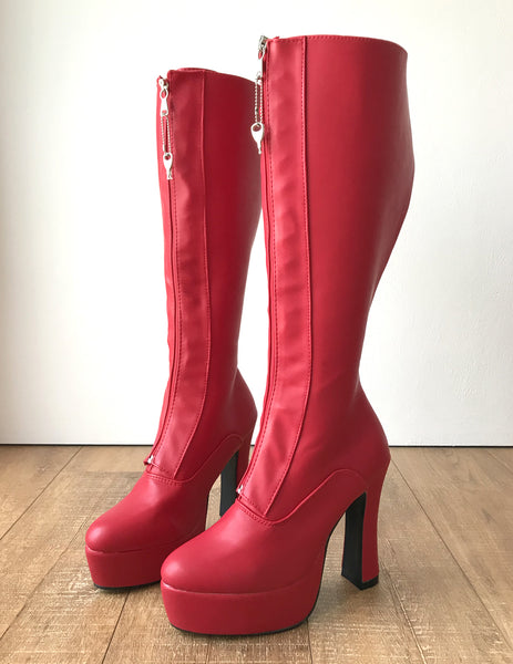 RTBU ADNAN Secret Locking Zip 12cm Spool Hidden Lace Knee Hi Fetish Boots Red Matte