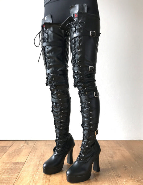 CHUK 12cm Spool Heel Platform Laceup Crotch Goth Punk Pinup Cosplay Fetish boots