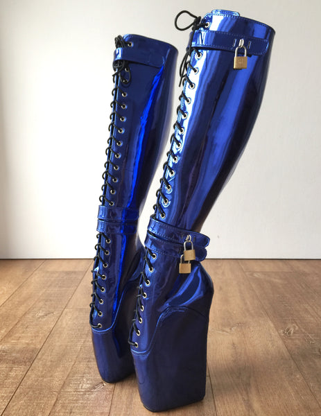 Beginner CUF Hoof Heelless Fetish Pinup Ballet Lockable Wedge Boot Metallic Blue