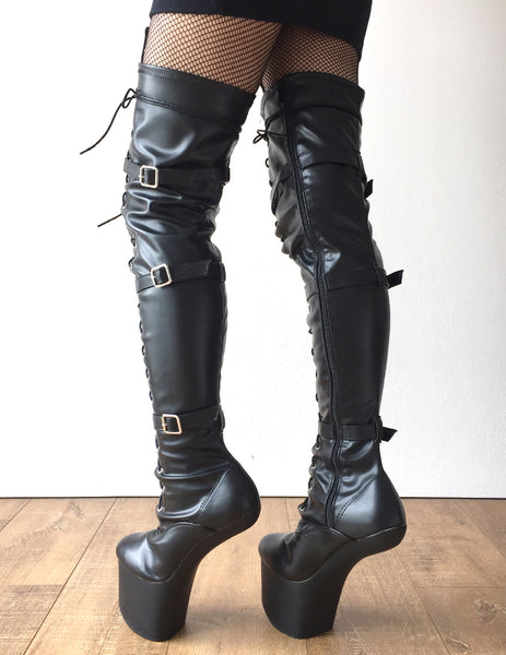 DANY 18cm Pony Hoof Sole Heelless Platform Crotch Hi Boots Fetish Black Metallic
