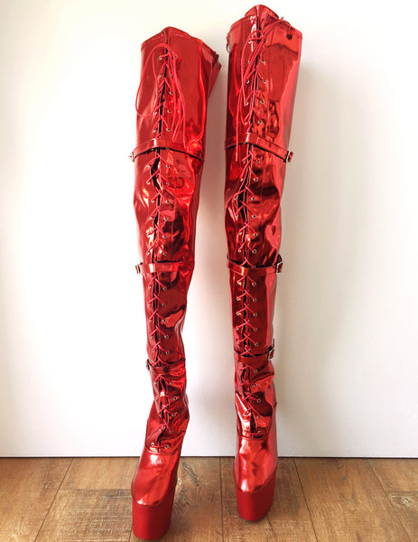 DANY 18cm Pony Hoof Sole Heelless Platform Crotch Hi Boots Fetish Red Metallic