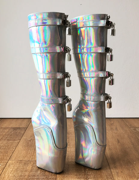 18cm DIVA Lockable Ballet Wedge Boots Hoof Heelless Fetish Silver Holographic