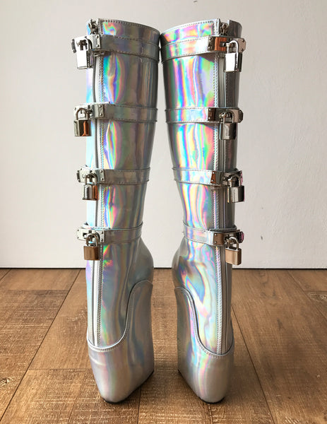 18cm DIVA Lockable Ballet Wedge Boots Hoof Heelless Fetish Silver Holographic