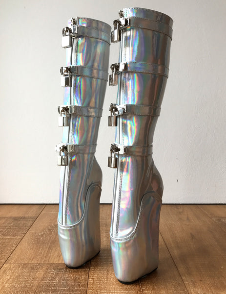 18cm DIVA Lockable Ballet Wedge Boots Hoof Heelless Fetish Silver Holographic