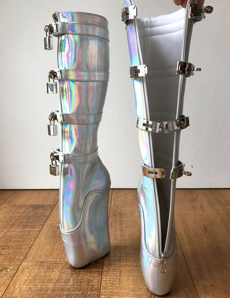 18cm DIVA Lockable Ballet Wedge Boots Hoof Heelless Fetish Silver Holographic