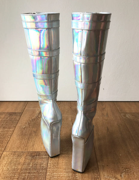 18cm DIVA Lockable Ballet Wedge Boots Hoof Heelless Fetish Silver Holographic
