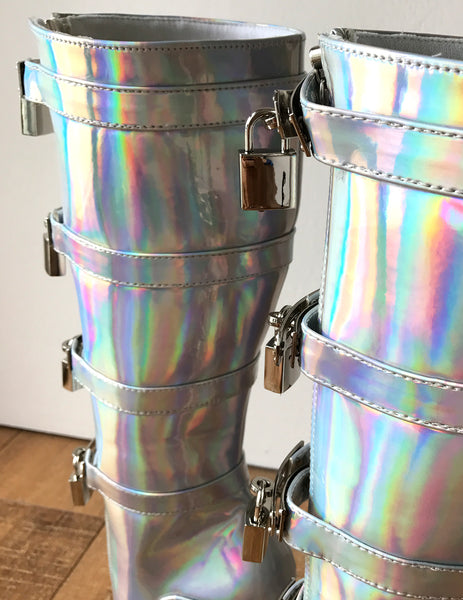 18cm DIVA Lockable Ballet Wedge Boots Hoof Heelless Fetish Silver Holographic