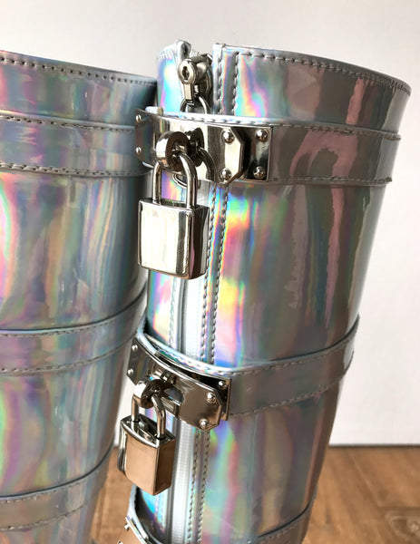 18cm DIVA Lockable Ballet Wedge Boots Hoof Heelless Fetish Silver Holographic