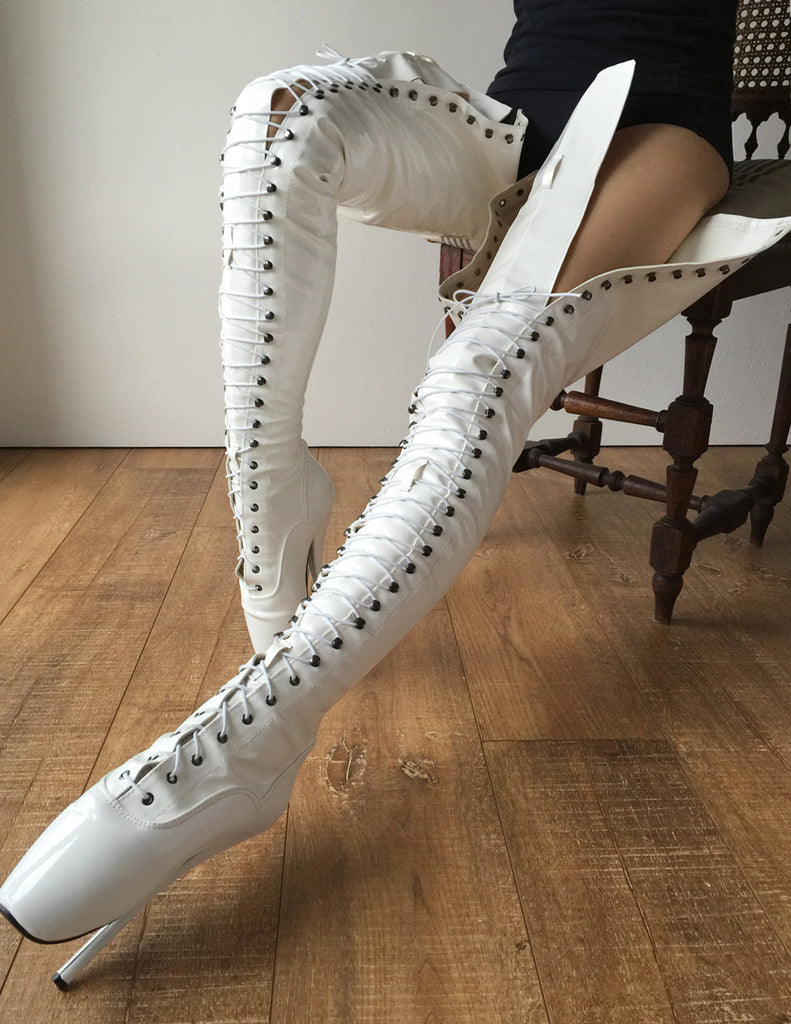 RTBU EZRA (Wide Tongue) Fetish Crotch Ballet Boot BDSM White Patent Custom Order