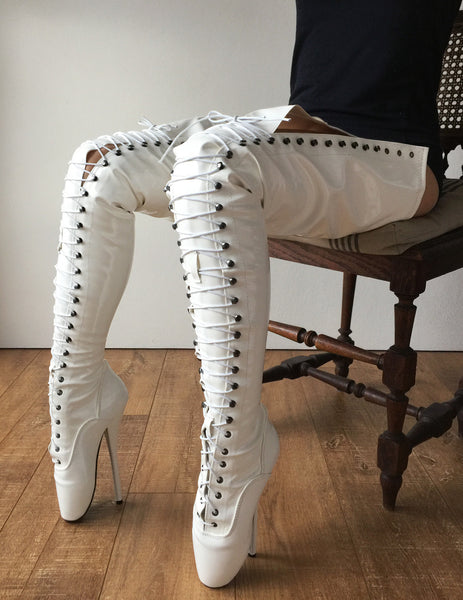 RTBU EZRA (Wide Tongue) Fetish Crotch Ballet Boot BDSM White Patent Custom Order