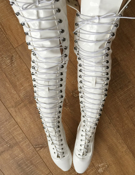 RTBU EZRA (Wide Tongue) Fetish Crotch Ballet Boot BDSM White Patent Custom Order