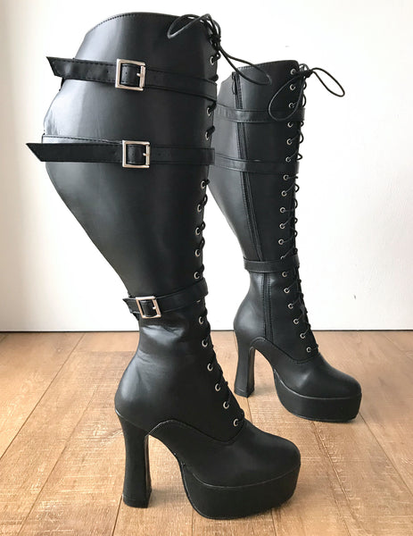 RTBU GENTS Lace Up Zip Straps 12cm Spool Fetish Boots Black Matte