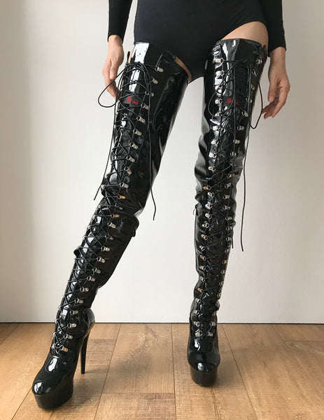 RTBU JACKIE 15cm Platform Crotch Burlesque eel LaceUp Zip Black Patent