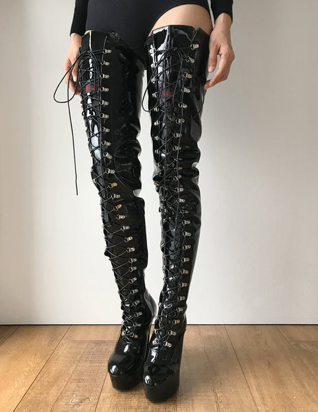 RTBU JACKIE 15cm Platform Crotch Burlesque eel LaceUp Zip Black Patent