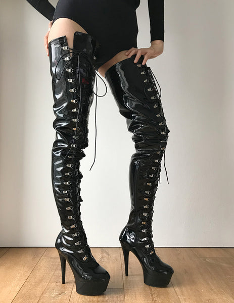 RTBU JACKIE 15cm Platform Crotch Burlesque eel LaceUp Zip Black Patent